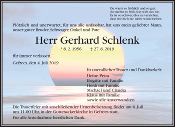 Traueranzeige von Gerhard Schlenk von Frankenpost