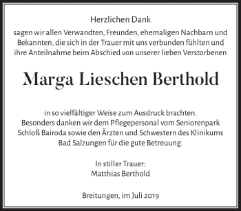 Traueranzeige von Marga Lieschen Berthold von Südthüringer Presse