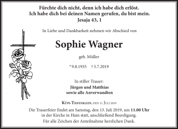 Traueranzeige von Sophie Wagner von Neue Presse Coburg