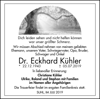 Traueranzeige von Eckhard Kühler von Südthüringer Presse