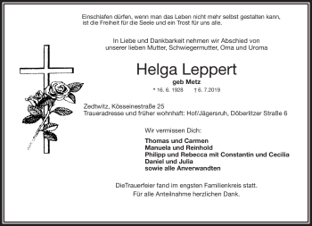 Traueranzeige von Helga Leppert von Frankenpost