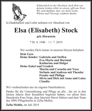 Traueranzeige von Elsa Stock von Südthüringer Presse
