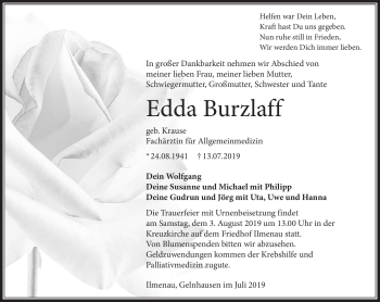 Traueranzeige von Edda Burzlaff von Südthüringer Presse