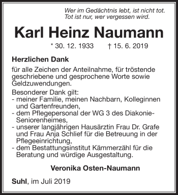 Traueranzeige von Karl Heinz Naumann von Südthüringer Presse