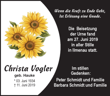 Traueranzeige von Christa Vogler von Südthüringer Presse
