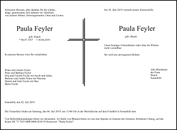 Traueranzeige von Paula Feyler von Neue Presse Coburg