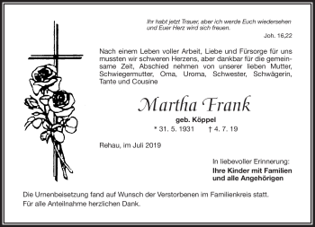 Traueranzeige von Martha Frank von Frankenpost