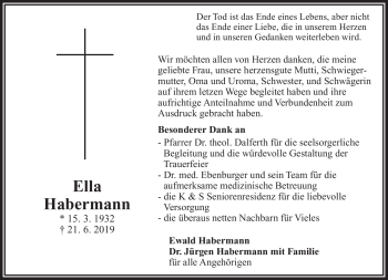 Traueranzeige von Ella Habermann von Frankenpost