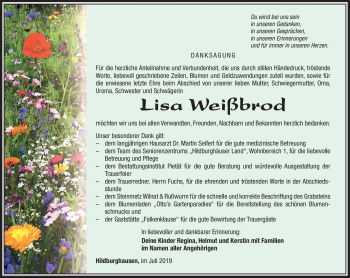 Traueranzeige von Lisa Weißbrod von Südthüringer Presse