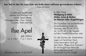 Traueranzeige von Ilse Apel von Südthüringer Presse