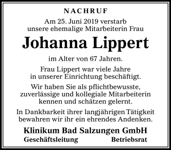 Traueranzeige von Johanna Lippert von Südthüringer Presse