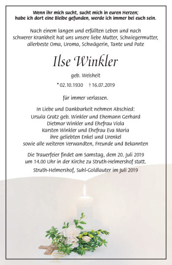 Traueranzeige von Ilse Winkler von Südthüringer Presse