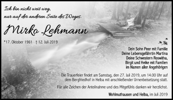 Traueranzeige von Mirko Lehmann von Südthüringer Presse
