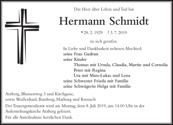 Traueranzeige von Hermann Schmidt von Frankenpost
