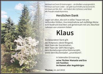 Traueranzeige von Klaus  von Südthüringer Presse