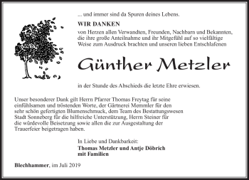 Traueranzeige von Günther Metzler von Südthüringer Presse