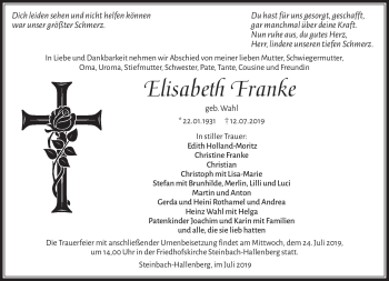 Traueranzeige von Elisabeth Franke von Südthüringer Presse