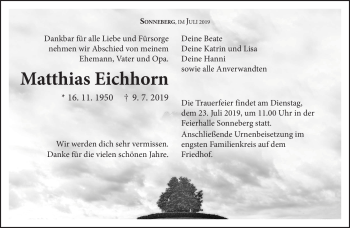 Traueranzeige von Matthias Eichhorn von Südthüringer Presse