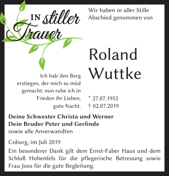 Traueranzeige von Roland Wuttke von Neue Presse Coburg