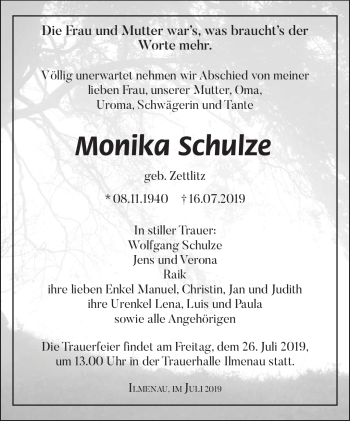 Traueranzeige von Monika Schulze von Südthüringer Presse