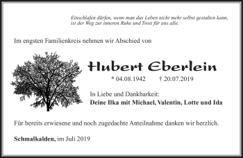 Traueranzeige von Hubert Eberlein von Südthüringer Presse