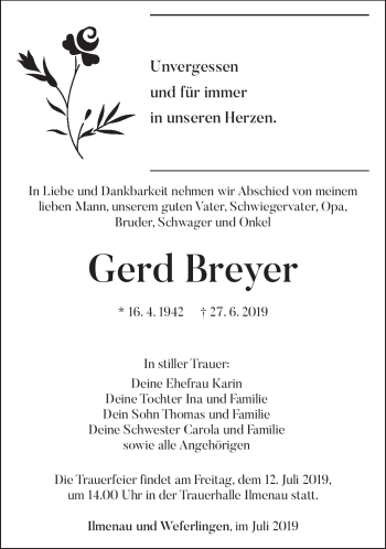 Traueranzeige von Gerd Beyer von Südthüringer Presse