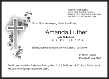 Traueranzeige von Amanda Luther von Frankenpost