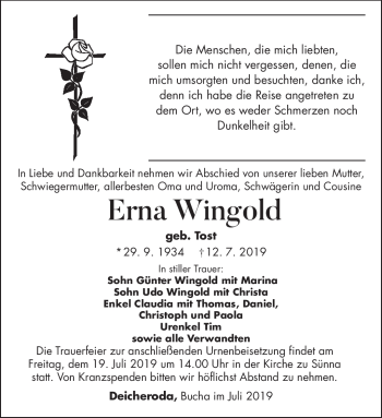 Traueranzeige von Erna Wingold von Südthüringer Presse