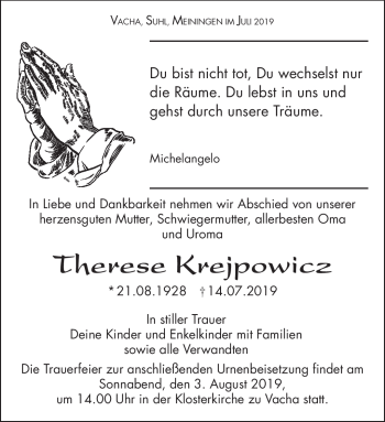 Traueranzeige von Therese Krejpowicz von Südthüringer Presse