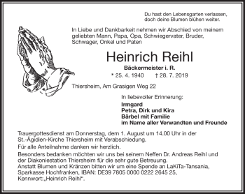 Traueranzeige von Heinrich Reihl von Frankenpost