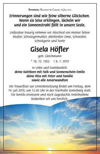 Traueranzeige von Gisela Höfler von Südthüringer Presse