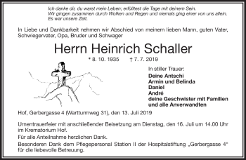 Traueranzeige von Heinrich Schaller von Frankenpost