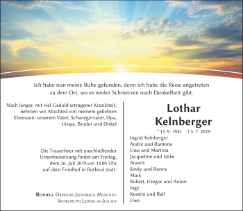 Traueranzeige von Lothar Kelnberger von Südthüringer Presse