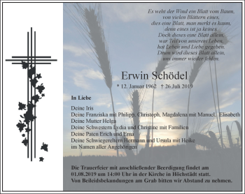 Traueranzeige von Erwin Schödel von Frankenpost