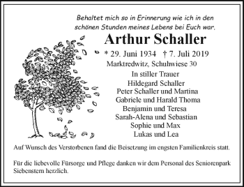 Traueranzeige von Arthur Schaller von Frankenpost