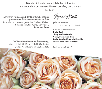 Traueranzeige von Lydia Marth von Frankenpost