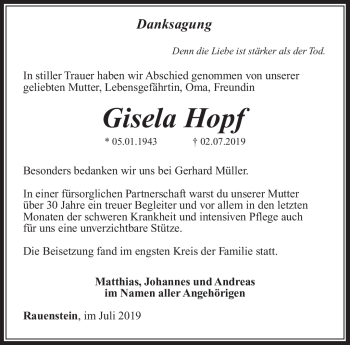 Traueranzeige von Gisela Hopf von Südthüringer Presse