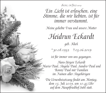 Traueranzeige von Heidrun Eckardt von Südthüringer Presse