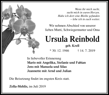 Traueranzeige von Ursula Reinbold von Südthüringer Presse