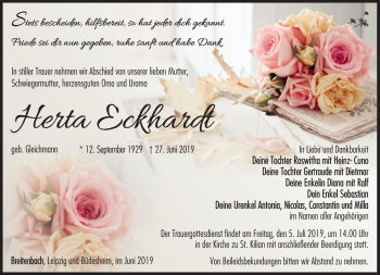 Traueranzeige von Herta Eckhardt von Südthüringer Presse
