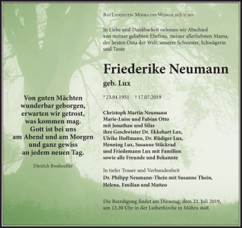Traueranzeige von Friederike Neumann von Südthüringer Presse