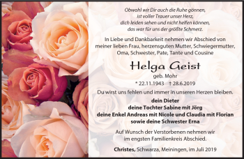 Traueranzeige von Helga Geist von Südthüringer Presse