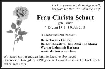 Traueranzeige von Christa Schart von Frankenpost