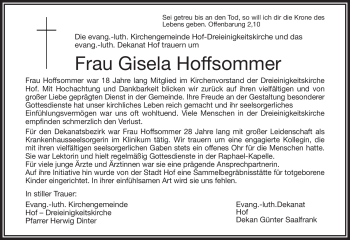 Traueranzeige von Gisela Hoffsommer von Frankenpost
