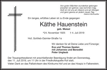 Traueranzeige von Käthe Hauenstein von Frankenpost