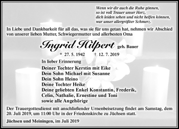 Traueranzeige von Ingrid Hilpert von Südthüringer Presse