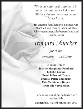 Traueranzeige von Irmgard Anacker von Südthüringer Presse