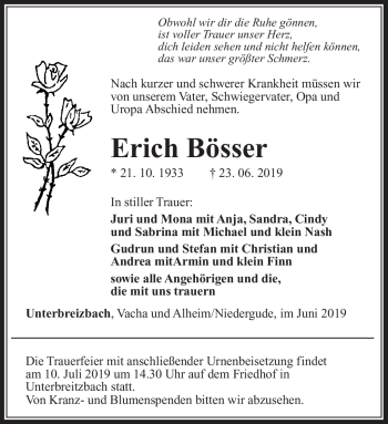 Traueranzeige von Erich Bösser von Südthüringer Presse