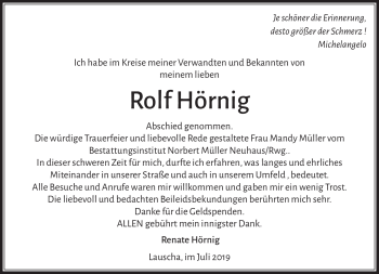 Traueranzeige von Rolf Hörnig von Südthüringer Presse