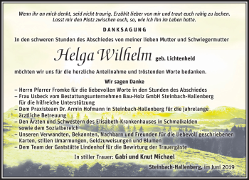 Traueranzeige von Helga Wilhelm von Südthüringer Presse